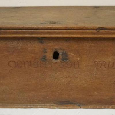 1164	PRIMITIVE DOVETAILED WALNUT COFFEE BOX WITH HAND FORGED IRON HINGES, HAVING NAME CARVED IN FRONT, DATED 1836, APPROXIMATELY 10 IN X...