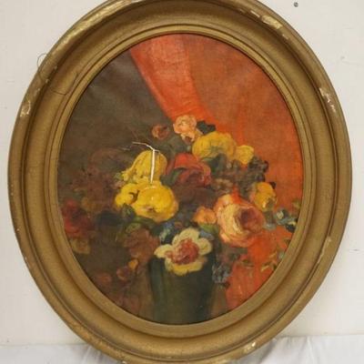1138	ARTIST SIGNED LARGE OIL PAINTING ON CANVAS, STILL LIFE IN OVAL FRAME, APPROXIMATELY 34 IN X 40 IN, LOSS TO CANVAS
