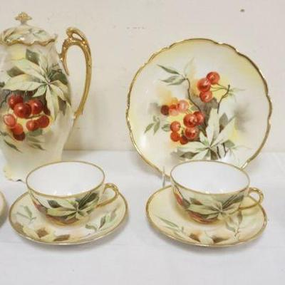 1013	ROYAL VIENNA AUSTRIAN L.S. & S. CO ARTIST SIGNED HAND PAINTED CUPS & SAUCERS, 8 1/2 IN PLATE & CHOCOLATE POT
