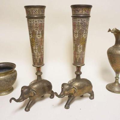 1047	GROUP OF ANTIQUE ENAMELED BRASS INCLUDING VASES, BOWLS & ELEPHANTS, TALLEST APPROXIMATELY 16 IN
