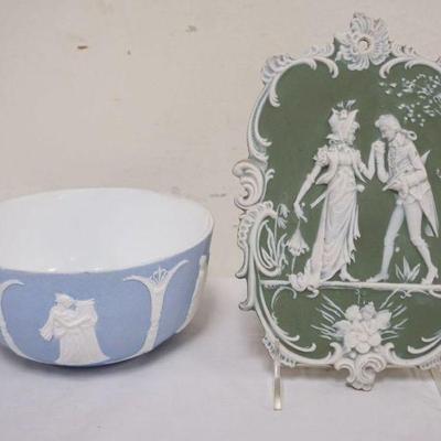 1017	JASPERWARE GREEN WALL PLAQUE, COURTING SCENE & BLUE & WHITE BOWL, PLAQUE APPROXIMATELY 8 IN X 6 IN
