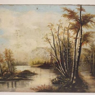 1129	ANTIQUE OIL PAINTING ON CANVAS OF STREAM IN WOODS, APPROXIMATELY 22 IN X 27 1/2 IN OVERALL
