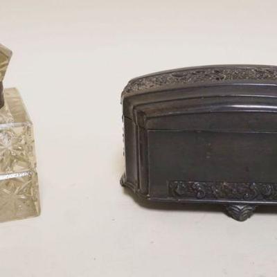 1003	ANTIQUE GLASS INKWELL & SILVERPLATE DRESSER BOX W/HINGED LID, INKWELL APPROXIMATELY 5 IN HIGH
