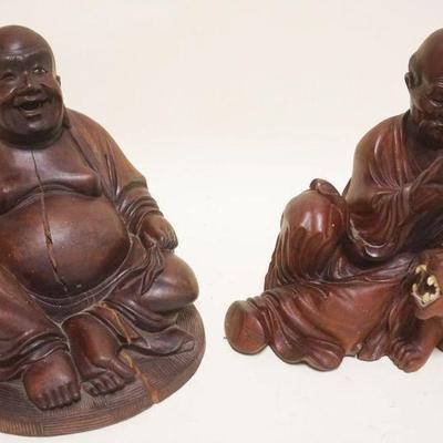 1054	2 PIECES ASIAN WOOD CARVING FIGURES, MAN READING BOOK PETTING TIGER & BILLIKEN, EACH W/MISSING INSET SHELL EYES & BILLIKEN HAS AGE...