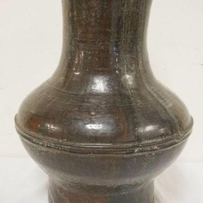 1123	LARGE ANTIQUE REDWARE POTTERY DRIP GLAZE VASE, APPROXIMATELY 18 IN H, HOLE IN BASE
