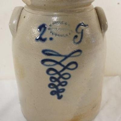 1171	BLUE DECORATED JUG, NEWARK NJ, UNION POTTERY C. HAIDLE & CO. , APPROXIMATELY 9 1/2 IN H, CHIP ON LIP
