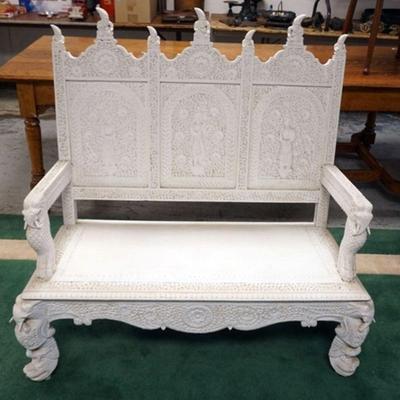 1065	WHITE PAINTED ASIAN CARVED BENCH W/ELEPHANTS & CARVED PANELS, APPROXIMATELY 39 IN X 20 IN X 24 IN HIGH
