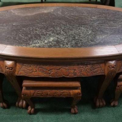 1078	ASIAN CARVED WOOD TABLE W/BENCHES, TABLE & BENCHES HAVE INSET MARBLE TOP, APPROXIMATELY 30 IN X 55 IN X 18 IN HIGH
