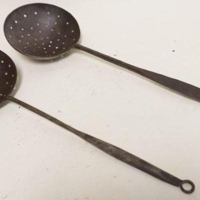 1228	PRIMITIVE WROUGHT IRON STRAINERS, APPROXIMATELY 5 IN X 18 IN 
