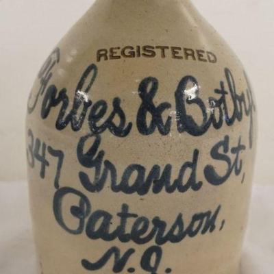 1170	BLUE SCRIPT STONEWARE JUG, PATTERSON NJ, FORBES & BOTBYL, APPROXIMATELY 9 1/2 IN H
