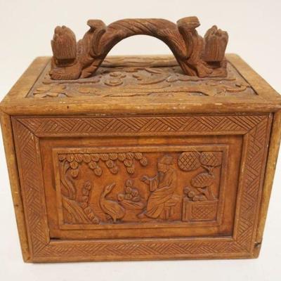 1061	MAJONG GAME IN CARVED WOOD CASE, APPROXIMATELY 7 IN X 9 1/2 IN X 10 IN HIGH
