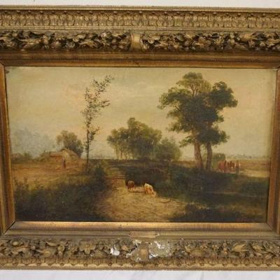 1148	LUDWIG FUGER GERMAN 19TH CENTURY OIL PAINTING ON CANVAS, IMAGE OF FARM SCENE WITH PEOPLE AND LIVE STOCK, APPROXIMATELY 27 IN X 38 IN...