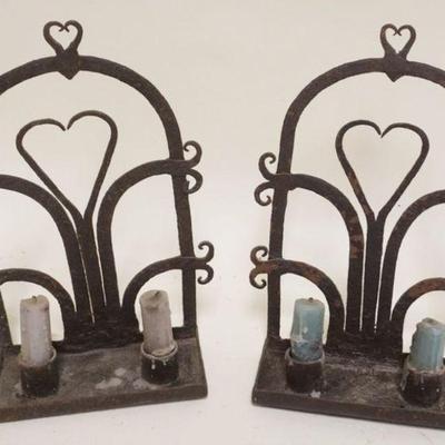 1213	PAIR OF WROUGHT IRON DOUBLE CANDLE HOLDERS, EACH APPROXIMATELY 7 IN X 3 IN X 11 IN H
