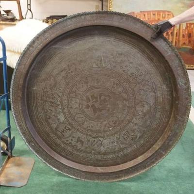 1092	MASSIVE BRASS ASIAN TRAY W/EMBOSSED IMAGES & CHARACTER WRITING, APPROXIMATELY 48 IN
