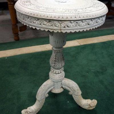 1067	WHITE PAINTED ASIAN CARVED WOODEN ROUND LAMP TABLE W/SERPENT FEET, APPROXIMATELY 18 IN X 29 IN HIGH, ONE LEG LOOSE
