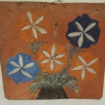 1158	ANTIQUE PRIMITIVE FOLK ART PAINTING ON METAL, APPROXIMATELY 13 IN X 13 IN

