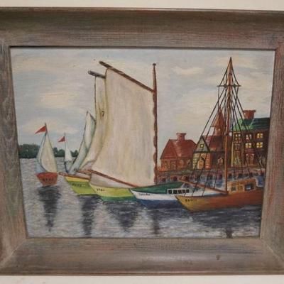 1136	OIL PAINTING ON BOARD, HARBOR SCENE, APPROXIMATELY 21 IN X 25 IN OVERALL
