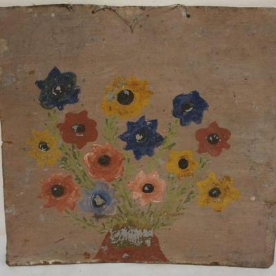 1157	ANTIQUE PRIMITIVE FOLK ART PAINTING ON METAL, APPROXIMATELY 13 IN X 12 IN
