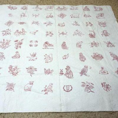 1182	ANTIQUE HAND SEWN AND EMBROIDERED CHILDRENS QUILT WITH IMAGES OF NURSERY RHYMES, APPROXIMATELY
