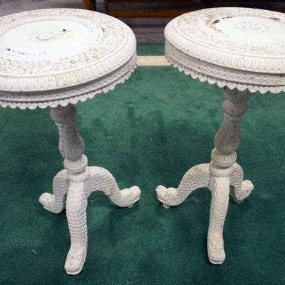 1066	PAIR OF WHITE PAINTED ASIAN CARVED WOODEN ROUND TABLES W/CARVED SERPENT HEAD FEET, APPROXIMATELY 15 IN X 27 IN HIGH
