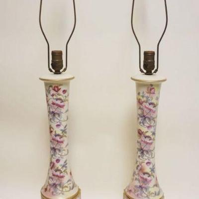 1018	PAIR OF TALL PORCELAIN FLORAL DECORATED COLUMN TABLE LAMPS W/HAND PAINTED ACCENTS, APPROXIMATELY 38 IN HIGH
