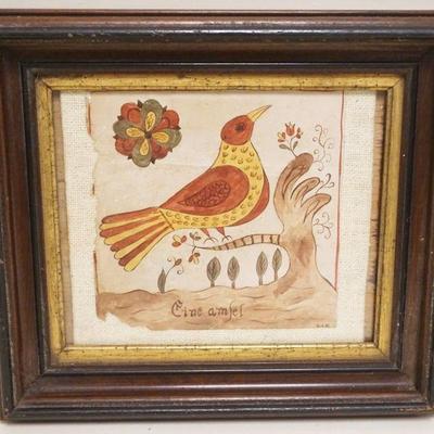 1262	PRIMITIVE HAND COLORED PEN & INK DRAWING OF A BIRD ON BRANCH, SOME LOSS TO EDGES, APPROXIMATELY 11 IN X 12 IN OVERALL
