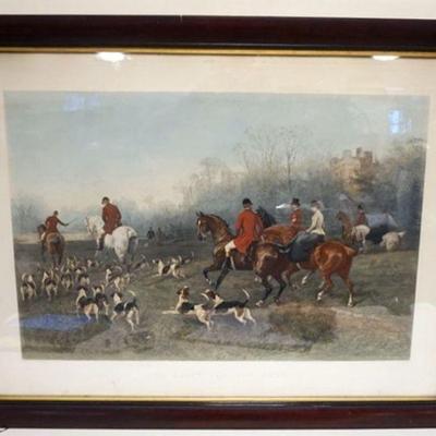 1145	LARGE FRAMED *THE START FOR THE MEET* COLORED ENGRAVING HUNT SCENE, APPROXIMATELY 30 1/2 IN X 39 1/2 IN OVERALL, HEYWOOD HARDY
