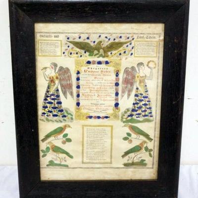 1156	PENNSYLVANIA DUTCH BIRTH CERTIFICATE 1856, APPROXIMATELY 18 1/2 IN X 23 IN OVERALL
