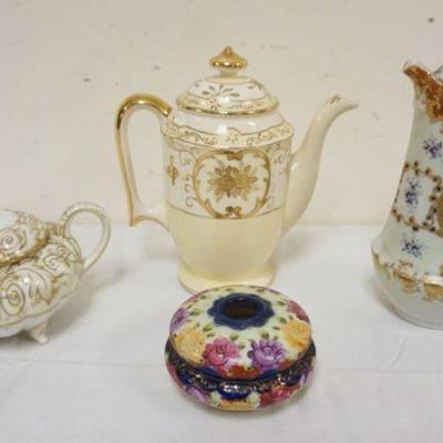 1016	GROUP OF ASSORTED CHINA INCLUDING TEAPOT, CHOCOLATE POTS & VICTORIAN HAIR RECEIVER, TALLEST ITEM APPROXIMATELY 10 IN
