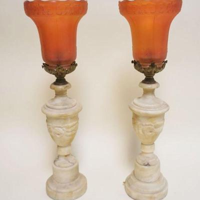 1002	PAIR OF ALABASTER TABLE LAMPS W/CARNIVAL GLASS SHADES
