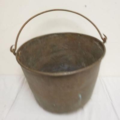 1259	LARGE ANTIQUE PRIMITIVE BRASS JELLY BUCKET W/WROUGHT IRON HANDLE
