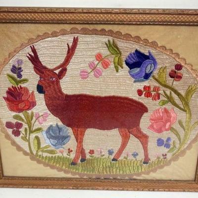 1183	FRAMED SILK STITCHED IMAGE OF A STAG, APPROXIMATELY 22 IN X 18 IN OVERALL
