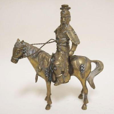 1045	ANTIQUE SOLID BRASS ASIAN WARRIOR ON HORSE W/JEWELS, SOME JEWELS & POSSIBLE SWORD MISSING, APPROXIMATELY 10 IN HIGH
