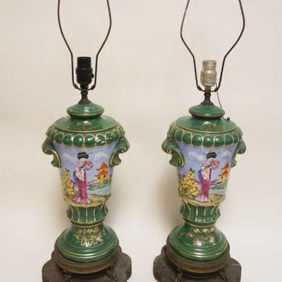 1041	ASIAN POTTERY TABLE LAMPS ON BRASS BASES, SOME LOSS TO PAINT, APPROXIMATELY 32 IN HIGH
