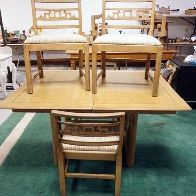 1083	ASIAN STYLE DINING TABLE W/4 CHAIRS, TABLE APPROXIMATELY 60 IN X 44 IN X 31 IN HIGH, FINISH WEAR TO TOP
