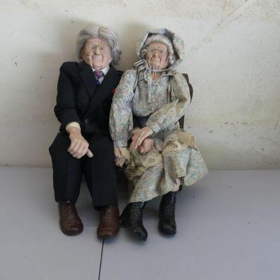 Vintage Very Large Grandma & Grandpa Porcelain Doll Figures on Wooden Bench - 30