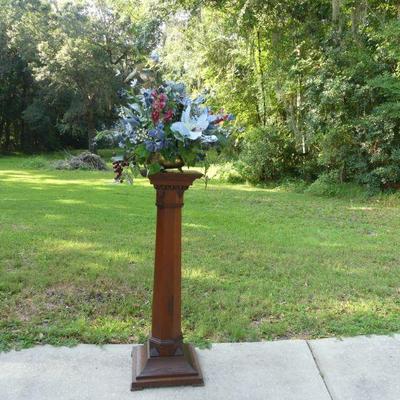 Vintage Mahogany Plant Stand with Silk Floral Arrangement in Brass Planter - 13