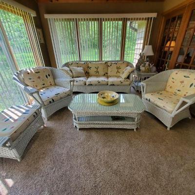 HENRY LINK WICKER SET $1000.00
CHAIRS , OTTOMAN, COUCH, GLASS TOP TABLE, GLASS TOP COFFEE TABLE
