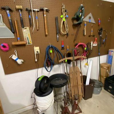 Garage tools, sleigh, and mo