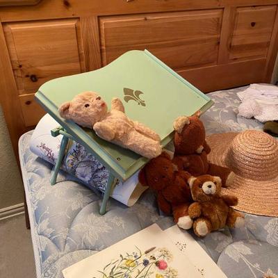 Stuffed Animals, Bed lap tray, hats, artwork