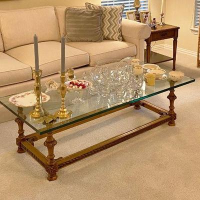 Glass Coffee table with carved wooden gold tone base