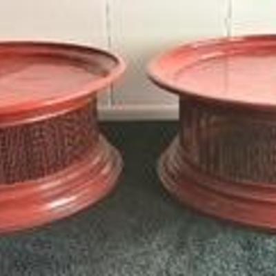 Pair of Antique Southeast Asian Offering Trays Pair of Stackable Resin Tables

Each measures 12 inches tall and 30 inches in diameter....