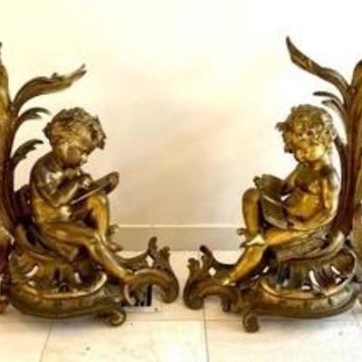 Antique Louis XV Gilt Bronze Chenets, Pair and Fender
