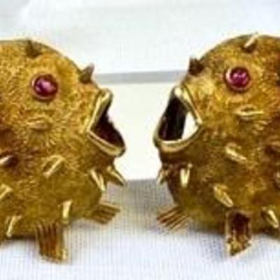 RARE- Pair of 14k Gold Olga Tritt Blow Fish Earrings 

Marked, 
