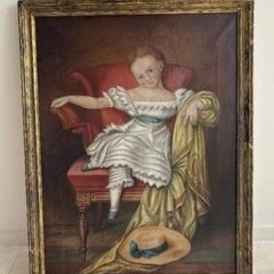 Original Antique 19th Century Oil on Canvas Portrait Painting depicting an adorable little girl seated on a lovely arm chair

Measures 33...