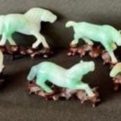 Five Miniature Carved Jade Horse Figurines with Stands 

Each Measures about 2.25