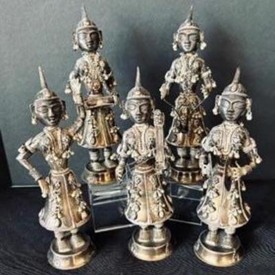 Five SouthEast Asian  (likely Nepalese) Costume Designed Metal Musician Figurines

Each measures about 7 inches tall and very detailed! 
