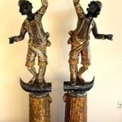 Antique Figural Torchères Pair 

Torchères –figural, pair (right and left), carved wood, polychromed and ebonized, gilded and silvered....