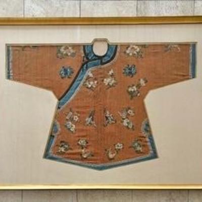 Framed Antique Chinese Embroidered Tunic or Jacket 

Tunic or jacket, silk and metal thread, framed and matted with gold fillet, Chinese,...