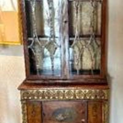 Antique English Bookcase 

Beautiful Antique Secretary bookcase featuring veneers, painted floral, painted gold “compo” anthemion, and...
